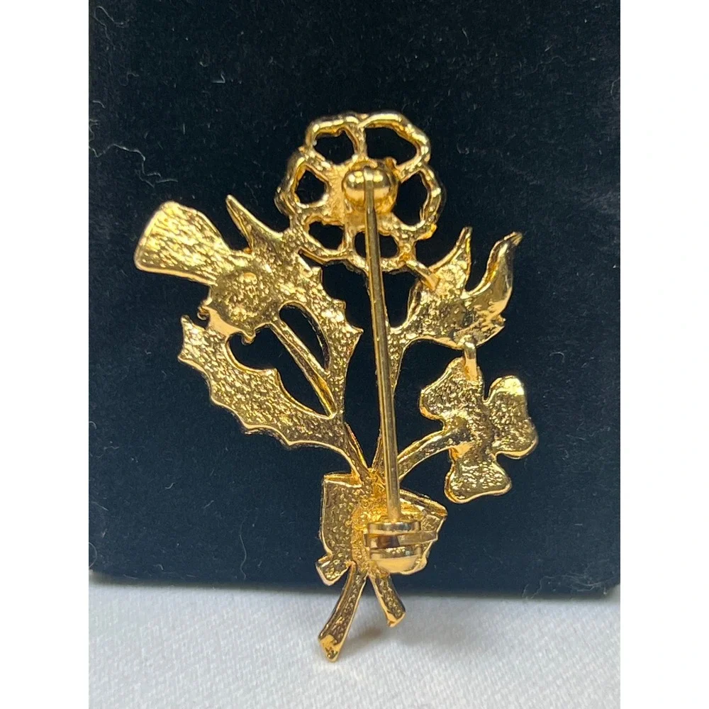 Vintage Gold Tone Floral Bouquet Brooch Thistle Shamrock Rose Rhinestone Pin